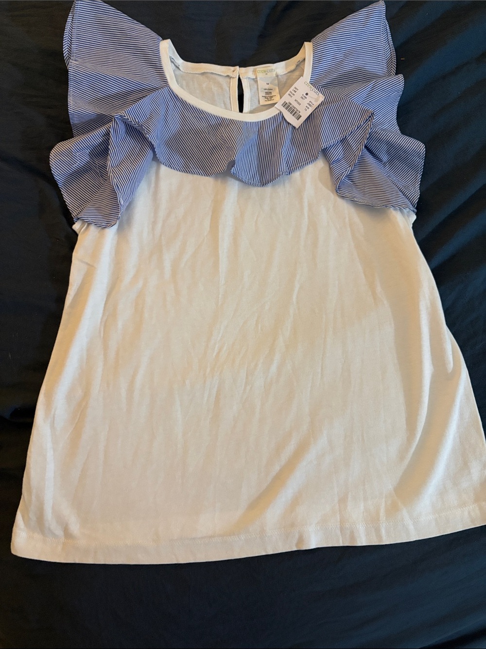 Crewcuts White Tee with Blue Striped Ruffle Shoulders
